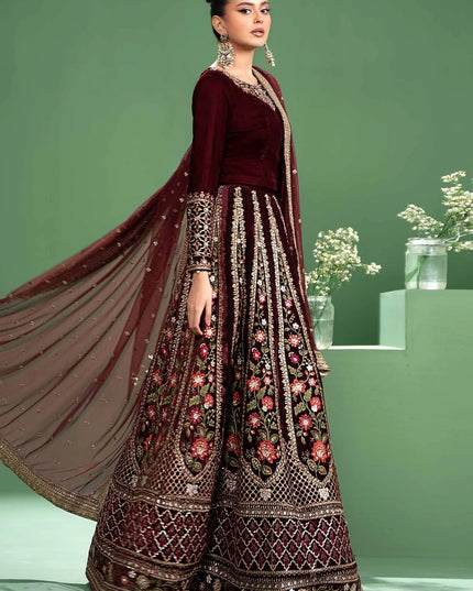 Maria B | Maroon Velvet Embroidered Lehenga
