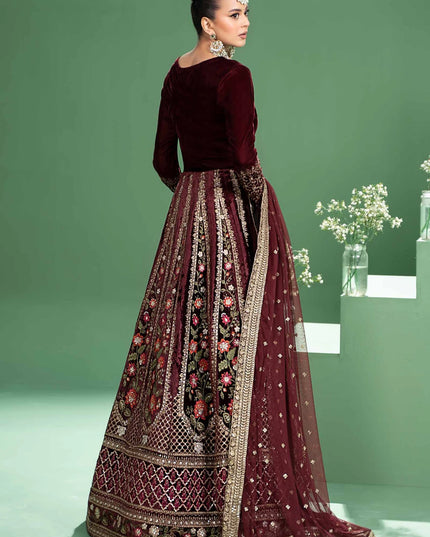 Maria B | Maroon Velvet Embroidered Lehenga