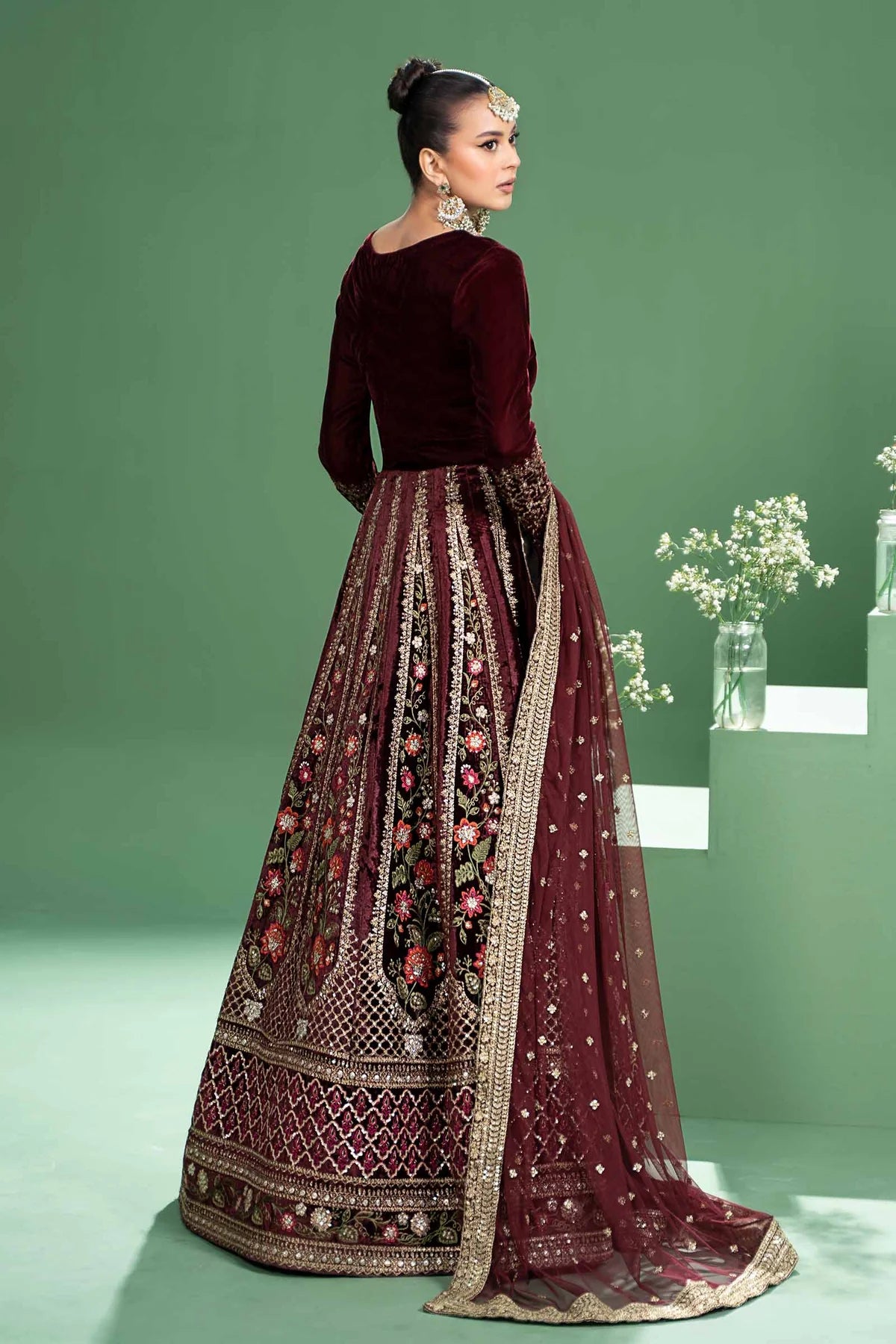 Maria B | Maroon Velvet Embroidered Lehenga