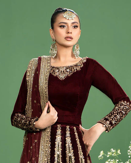 Maria B | Maroon Velvet Embroidered Lehenga