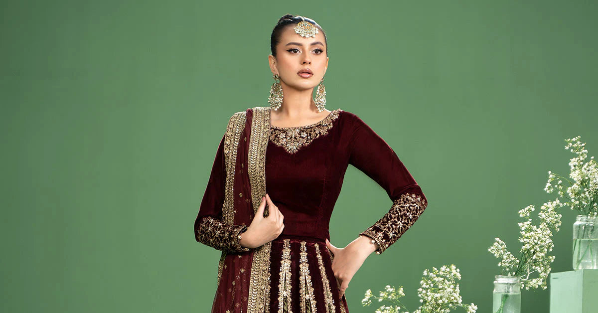 Maria B | Maroon Velvet Embroidered Lehenga