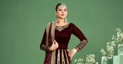 Maria B | Maroon Velvet Embroidered Lehenga