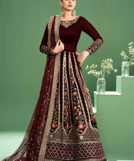 Maria B | Maroon Velvet Embroidered Lehenga