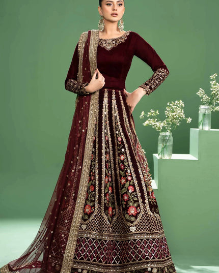 Maria B | Maroon Velvet Embroidered Lehenga