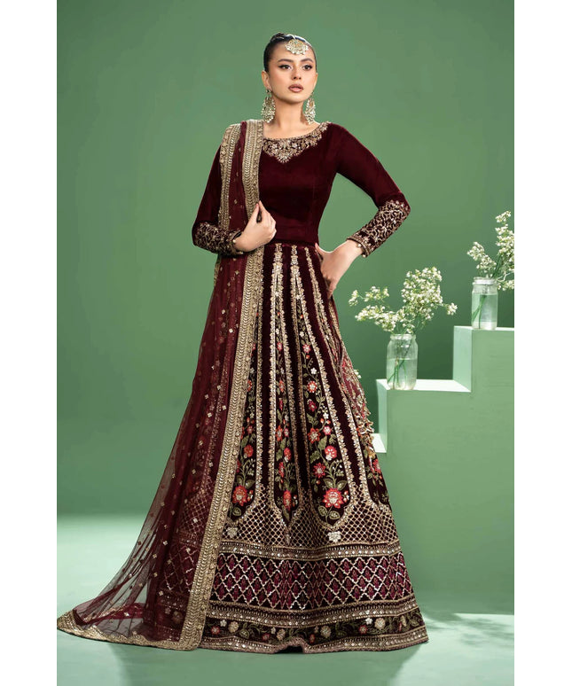 Maria B | Maroon Velvet Embroidered Lehenga