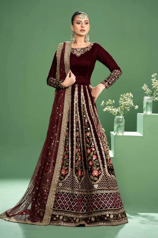 Maria B | Maroon Velvet Embroidered Lehenga