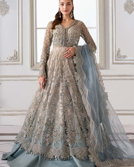 Maria B | Aqua Embroidered Embellished Net Lehenga Pishwas