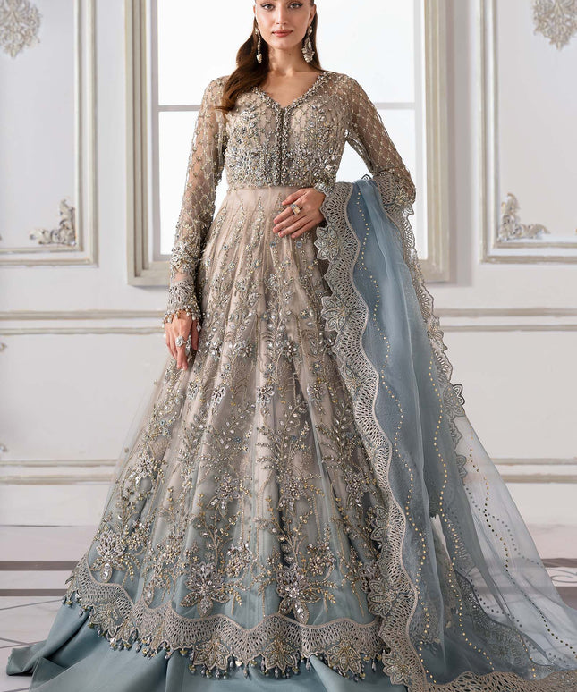 Maria B | Aqua Embroidered Embellished Net Lehenga Pishwas