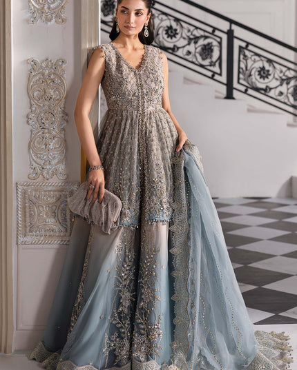Maria B | Aqua Embroidered Embellished Net Lehenga Pishwas