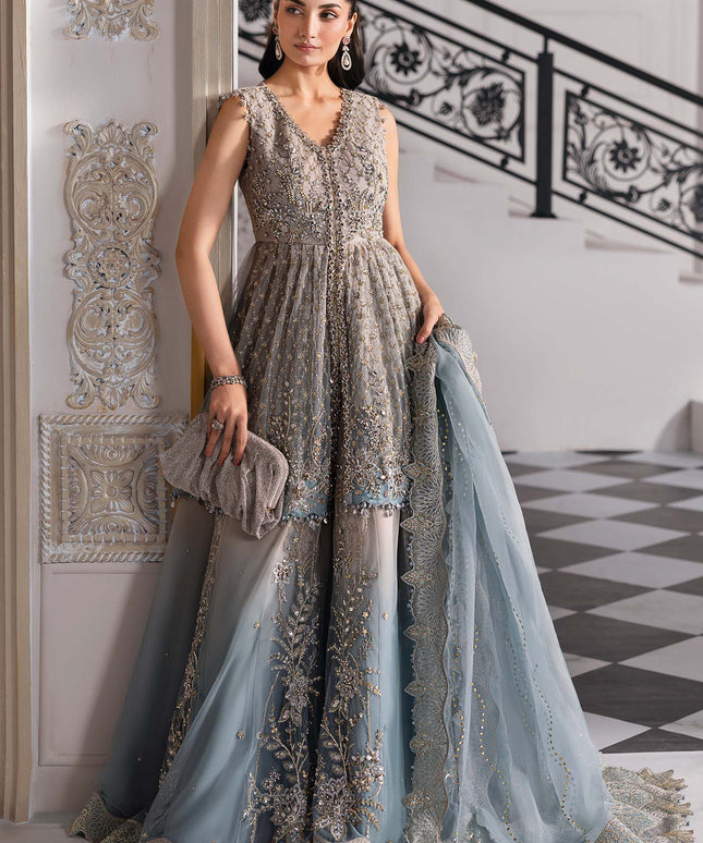 Maria B | Aqua Embroidered Embellished Net Lehenga Pishwas
