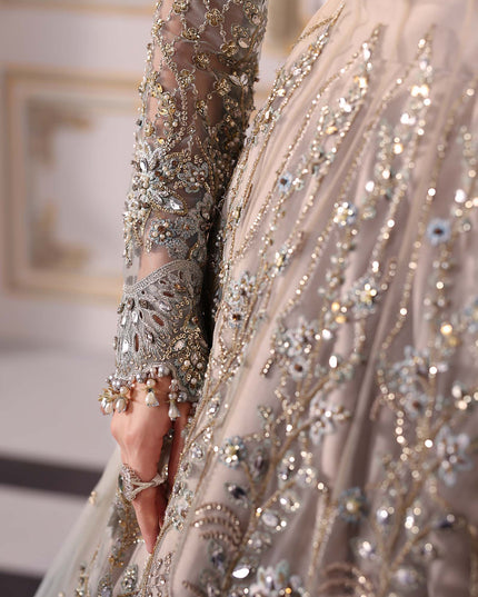 Maria B | Aqua Embroidered Embellished Net Lehenga Pishwas