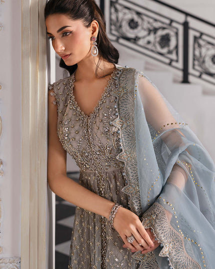 Maria B | Aqua Embroidered Embellished Net Lehenga Pishwas