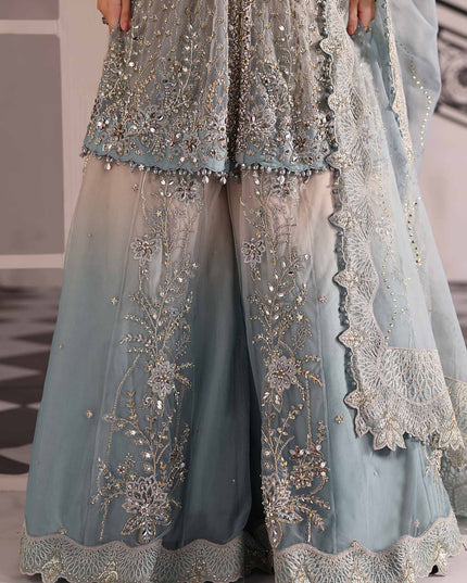 Maria B | Aqua Embroidered Embellished Net Lehenga Pishwas