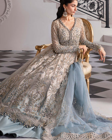 Maria B | Aqua Embroidered Embellished Net Lehenga Pishwas