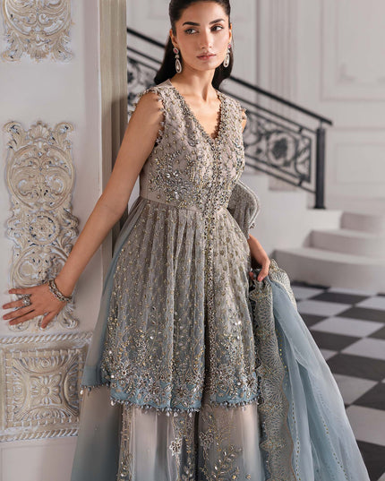 Maria B | Aqua Embroidered Embellished Net Lehenga Pishwas