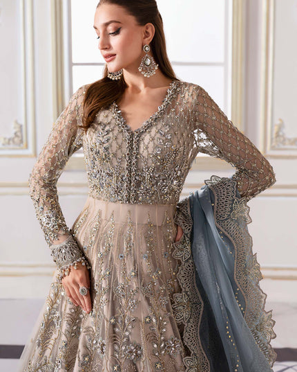 Maria B | Aqua Embroidered Embellished Net Lehenga Pishwas