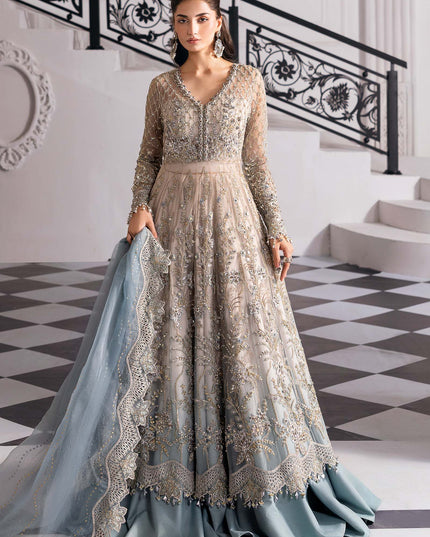 Maria B | Aqua Embroidered Embellished Net Lehenga Pishwas
