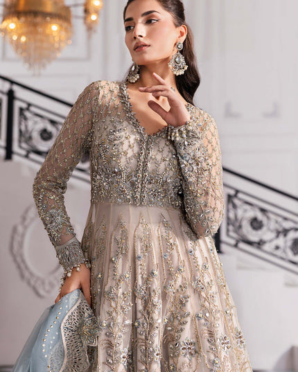 Maria B | Aqua Embroidered Embellished Net Lehenga Pishwas