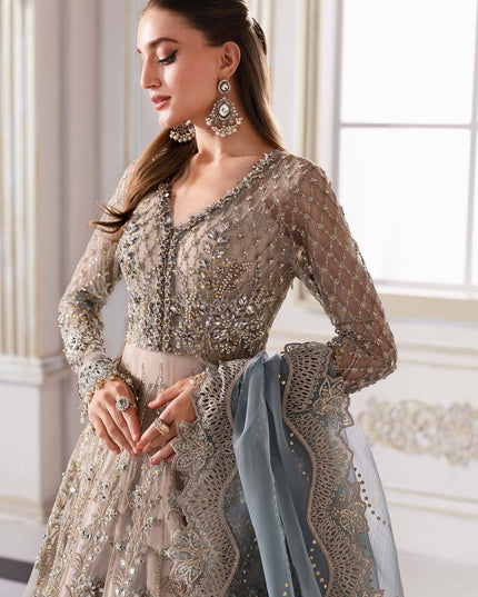 Maria B | Aqua Embroidered Embellished Net Lehenga Pishwas