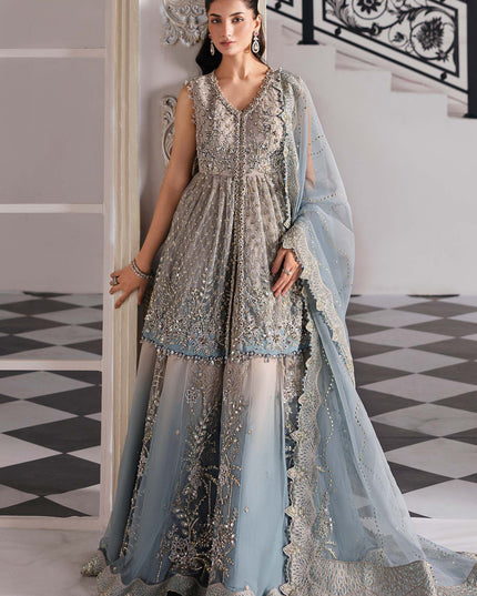 Maria B | Aqua Embroidered Embellished Net Lehenga Pishwas