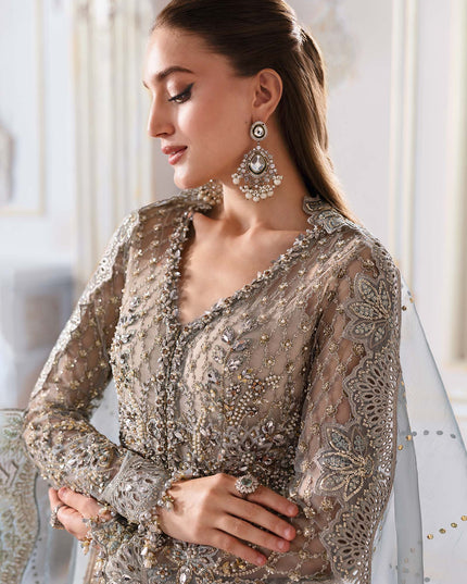 Maria B | Aqua Embroidered Embellished Net Lehenga Pishwas