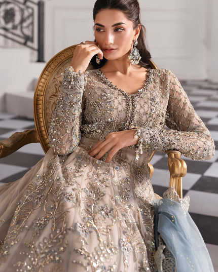 Maria B | Aqua Embroidered Embellished Net Lehenga Pishwas