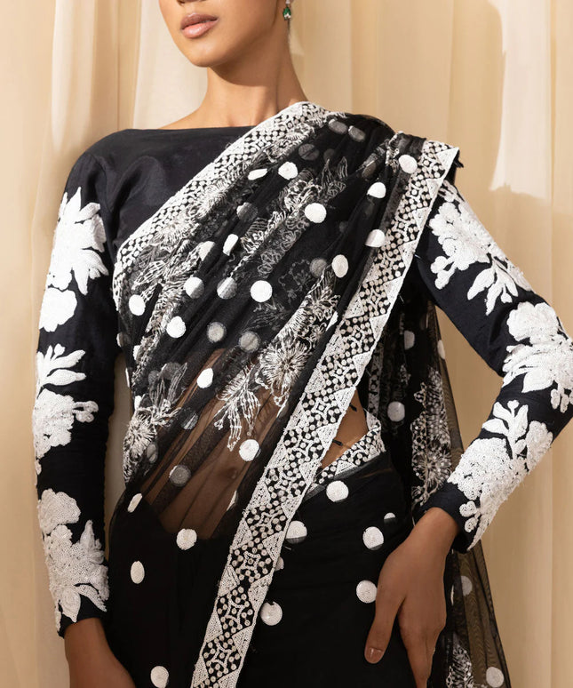 Aditti | Black and White Net Embroidered Saree