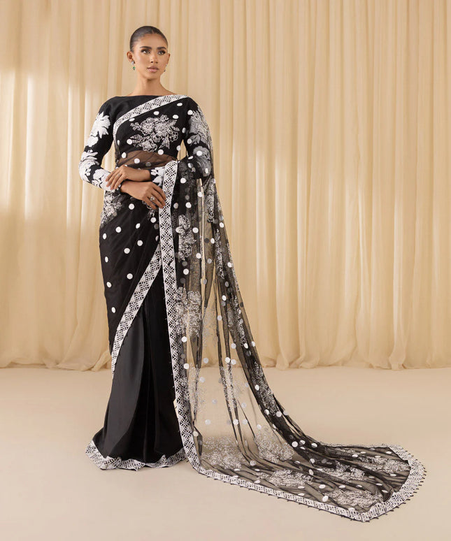Aditti | Black and White Net Embroidered Saree