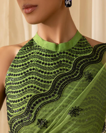 Priya | Parrot Green Net Embroidered Saree