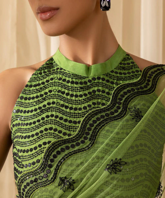 Priya | Parrot Green Net Embroidered Saree