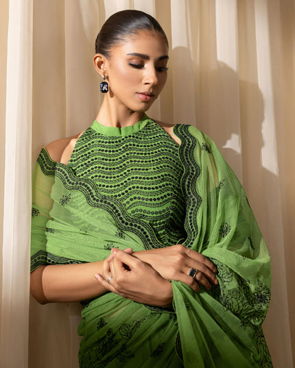 Priya | Parrot Green Net Embroidered Saree