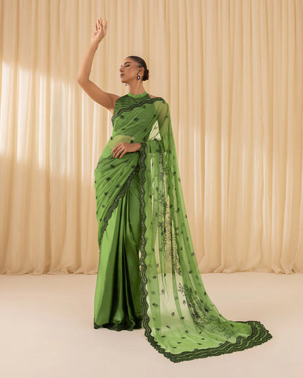 Priya | Parrot Green Net Embroidered Saree