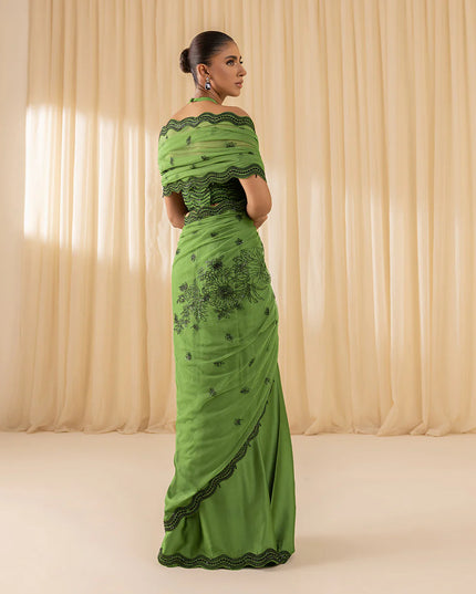 Priya | Parrot Green Net Embroidered Saree