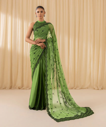 Priya | Parrot Green Net Embroidered Saree