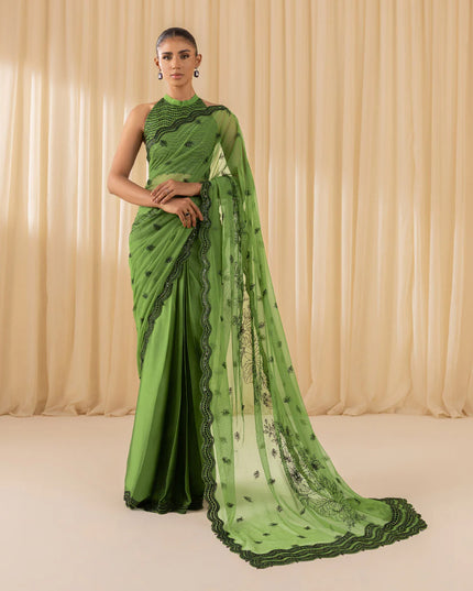 Priya | Parrot Green Net Embroidered Saree