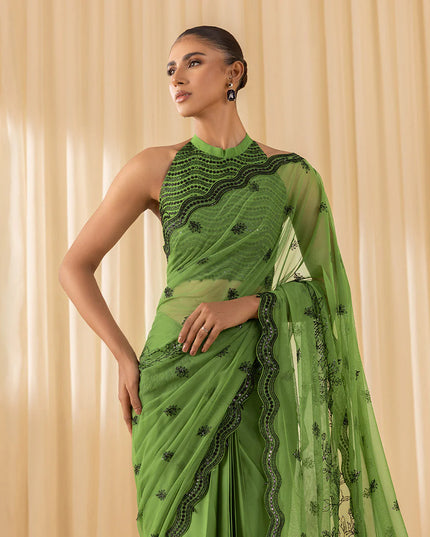 Priya | Parrot Green Net Embroidered Saree