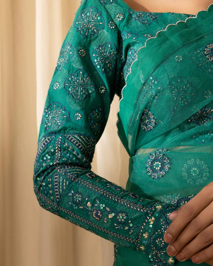 Soha | Dark Teal Net Embroidered Saree