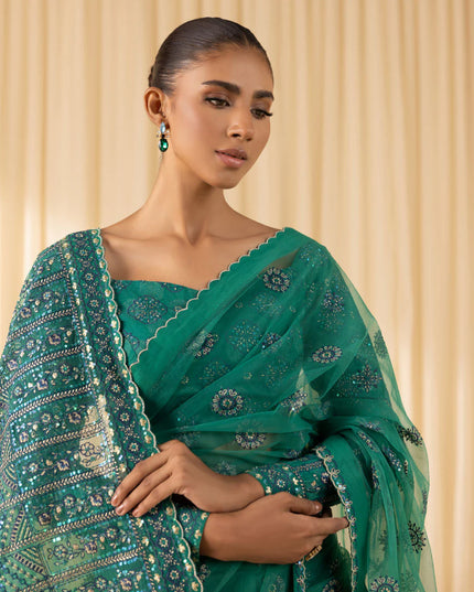 Soha | Dark Teal Net Embroidered Saree