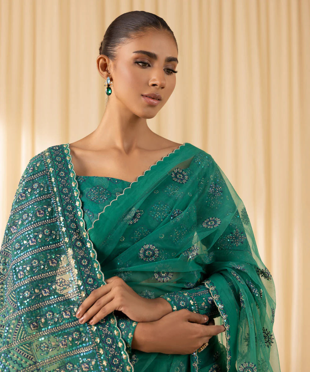 Soha | Dark Teal Net Embroidered Saree
