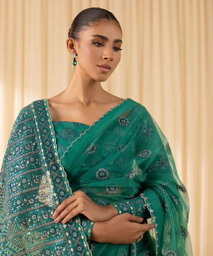 Soha | Dark Teal Net Embroidered Saree