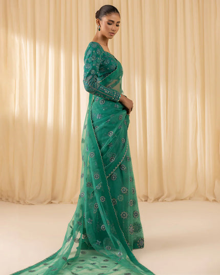 Soha | Dark Teal Net Embroidered Saree