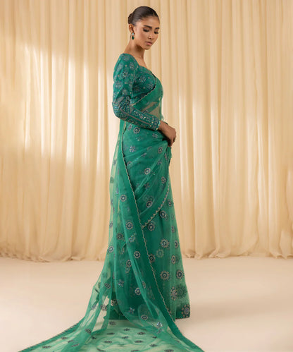 Soha | Dark Teal Net Embroidered Saree
