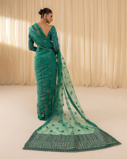 Soha | Dark Teal Net Embroidered Saree