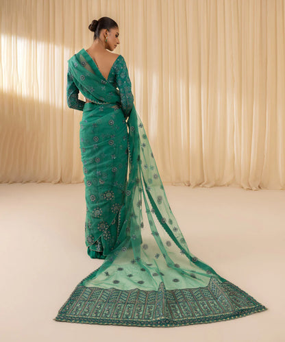 Soha | Dark Teal Net Embroidered Saree