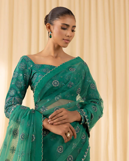 Soha | Dark Teal Net Embroidered Saree
