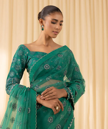 Soha | Dark Teal Net Embroidered Saree