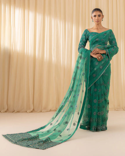Soha | Dark Teal Net Embroidered Saree