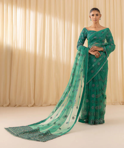 Soha | Dark Teal Net Embroidered Saree