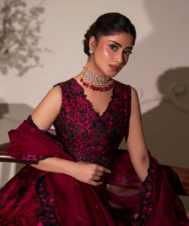 Faiza Saqlain | Magenta Shamose Silk Embroidered Maxi Dress
