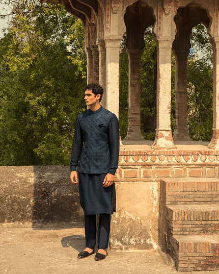Faiza Saqlain Navy Embroidered Korean Raw Silk Set